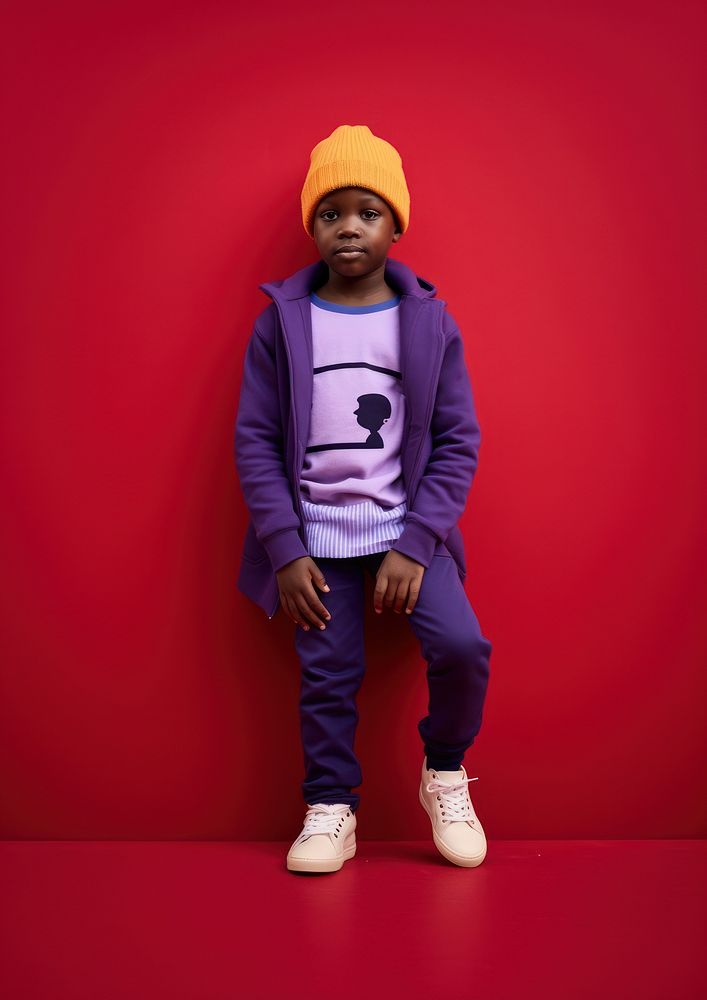 A little black boy in street looks wearing purple wool hat and white sneaker photography portrait standing. AI generated…