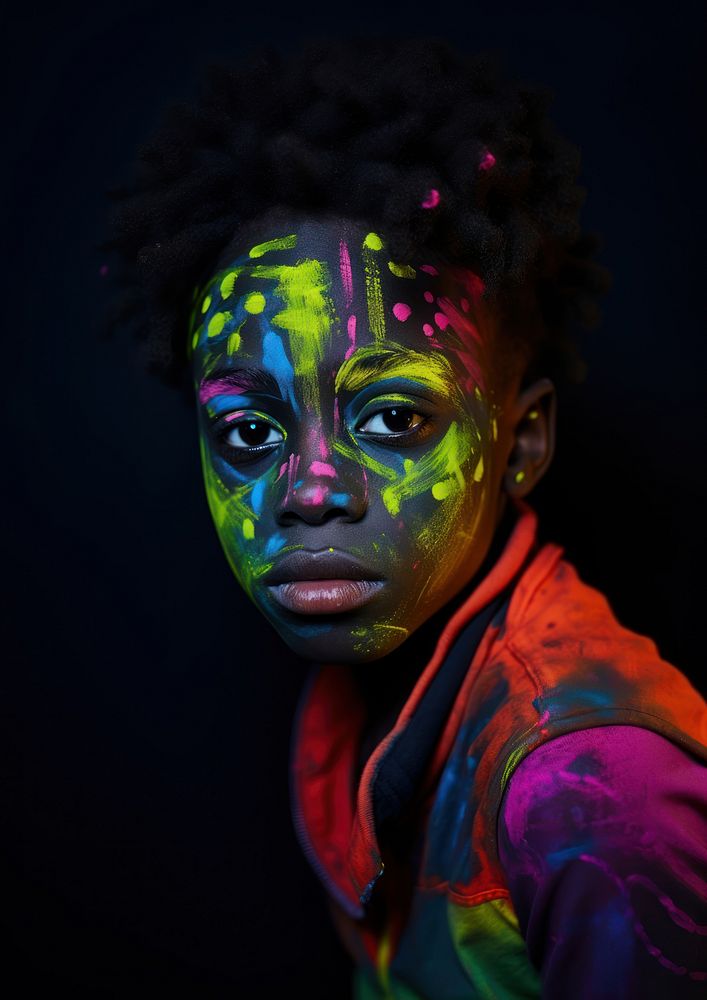 A little black boy wear face painting in neon color photography portrait creativity. AI generated Image by rawpixel.