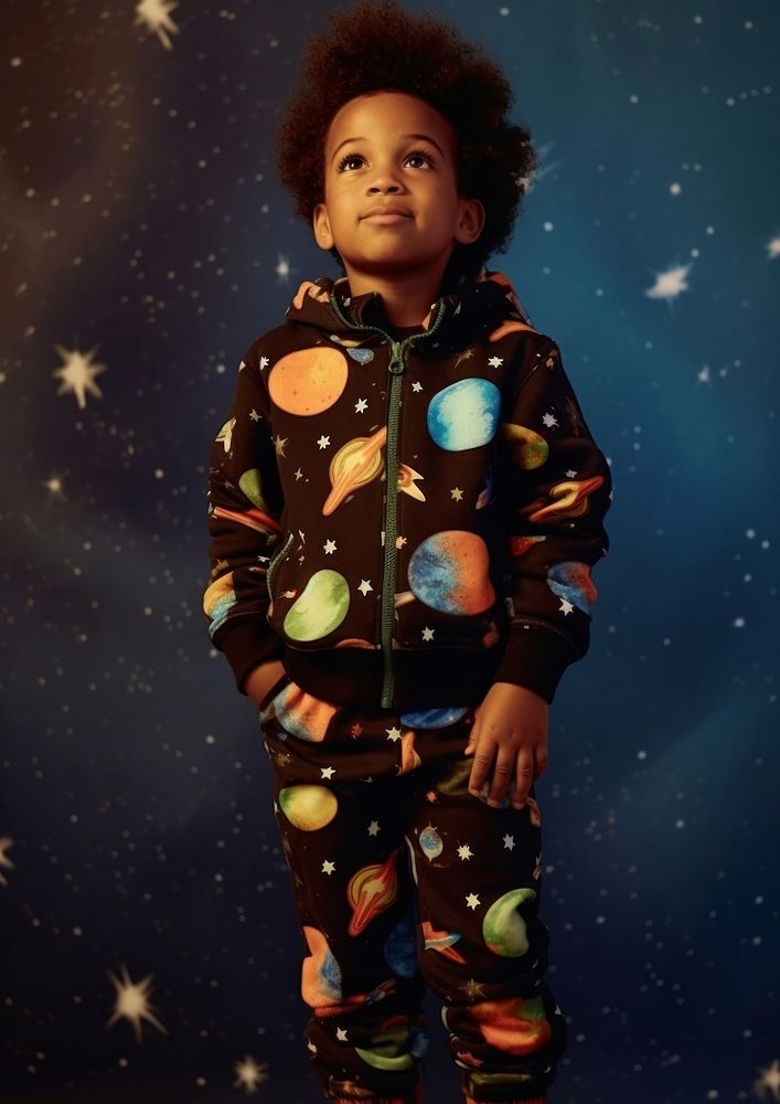 A little black boy wearing cute galaxy pattern outfit photography portrait child. AI generated Image by rawpixel.