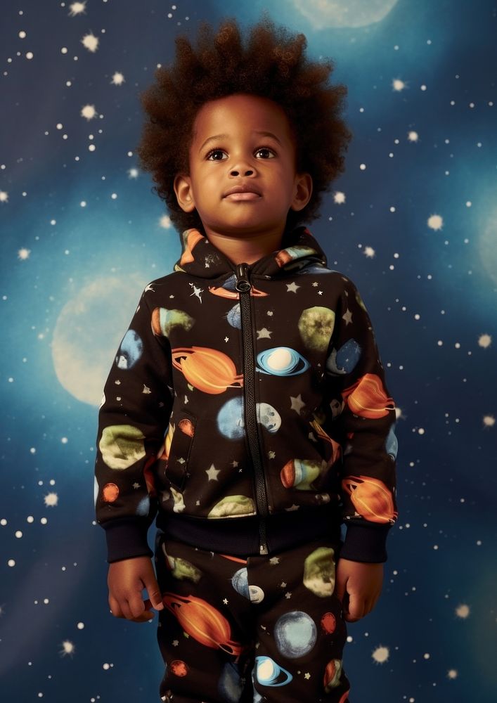 A little black boy wearing cute galaxy pattern outfit photography portrait baby. AI generated Image by rawpixel.