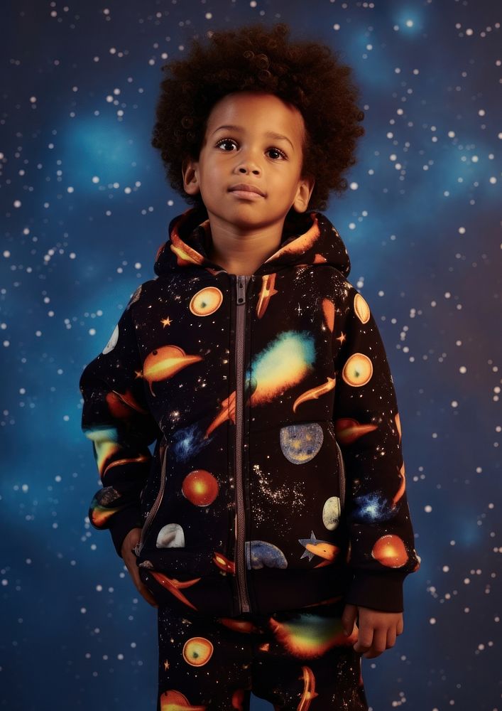 A little black boy wearing cute galaxy pattern outfit photography portrait sweatshirt. AI generated Image by rawpixel.