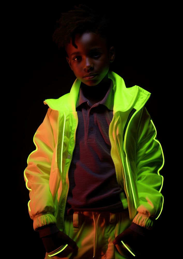 A little black boy wearing neon outfit photography portrait jacket. AI generated Image by rawpixel.