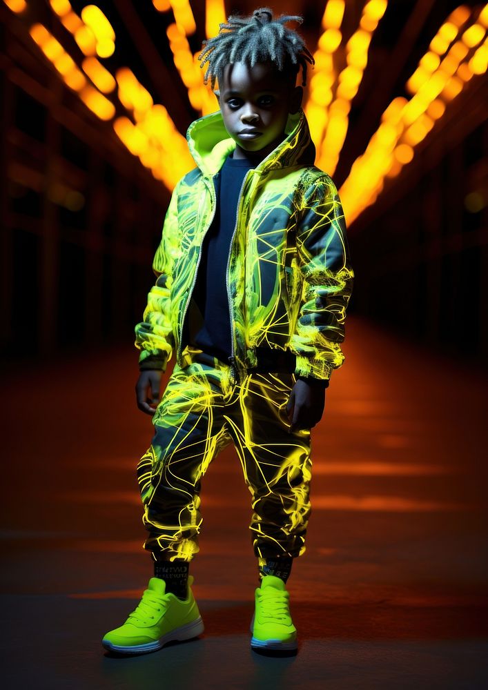 A little black boy wearing neon outfit costume child kid. AI generated Image by rawpixel.