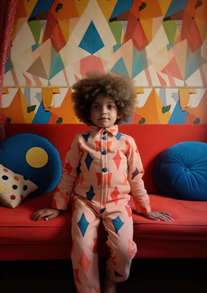 A little black girl wearing cute unform with circus pattern standing on a sofa in the cute room photography furniture…