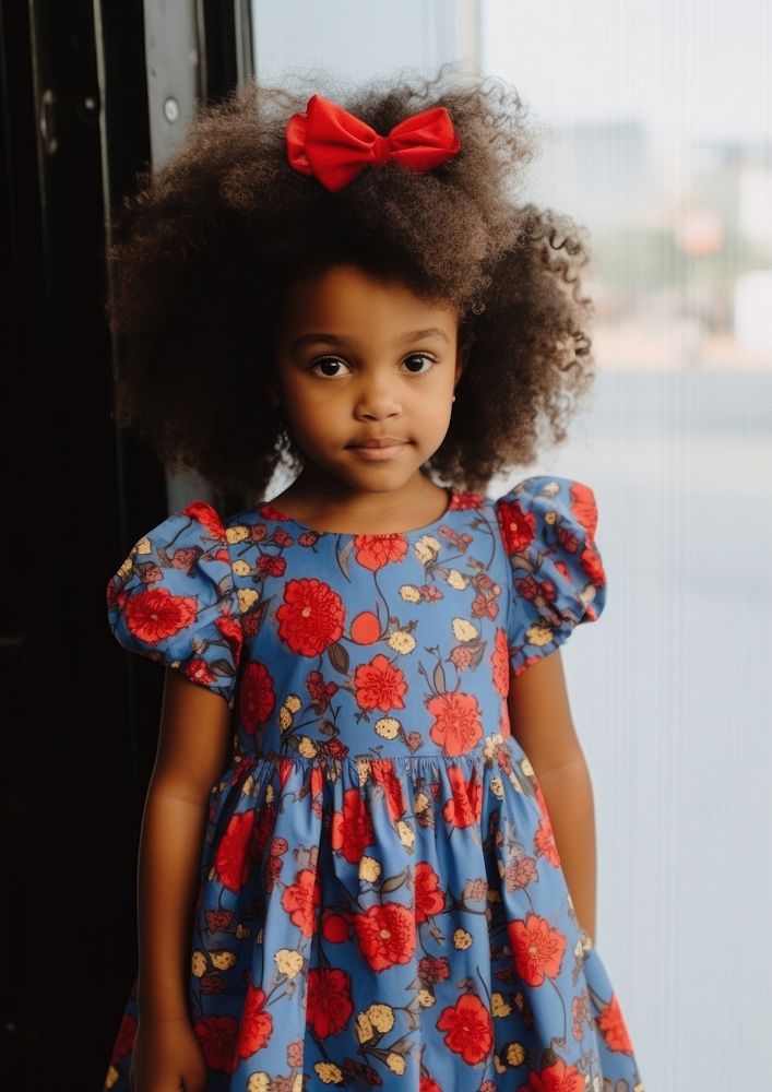 A little black girl wearing cute blue dress with red flowers pattern photography portrait child. AI generated Image by…