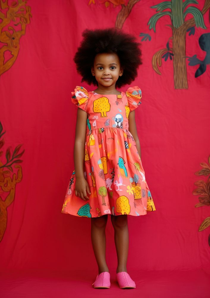 A little black girl wearing colorful animals pattern dress with cute shoe photography portrait fashion. AI generated Image…