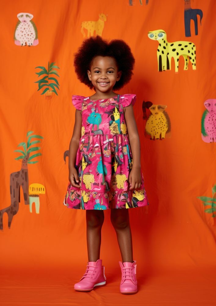 A little black girl wearing colorful animals pattern dress with cute shoe photography footwear portrait. AI generated Image…