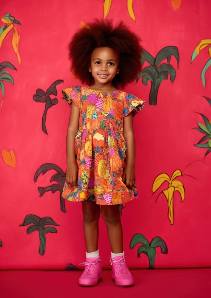 A little black girl wearing colorful animals pattern dress with cute shoe photography portrait child. AI generated Image by…