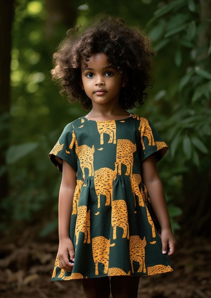 A little black girl wearing tiger pattern dress child tree cute. AI generated Image by rawpixel.