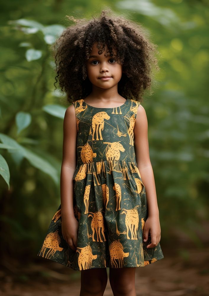 A little black girl wearing tiger pattern dress child cute tree. AI generated Image by rawpixel.