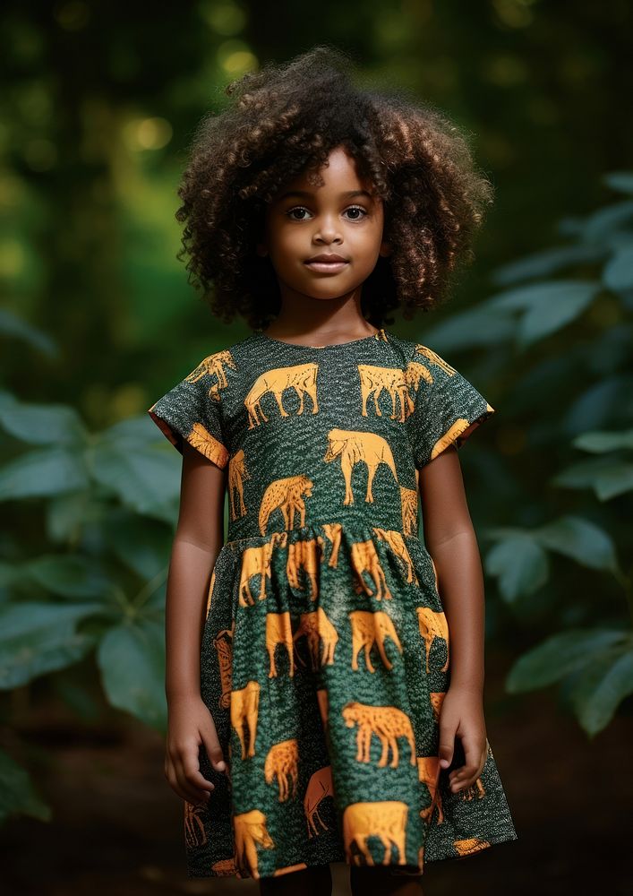A little black girl wearing tiger pattern dress child cute tree. AI generated Image by rawpixel.