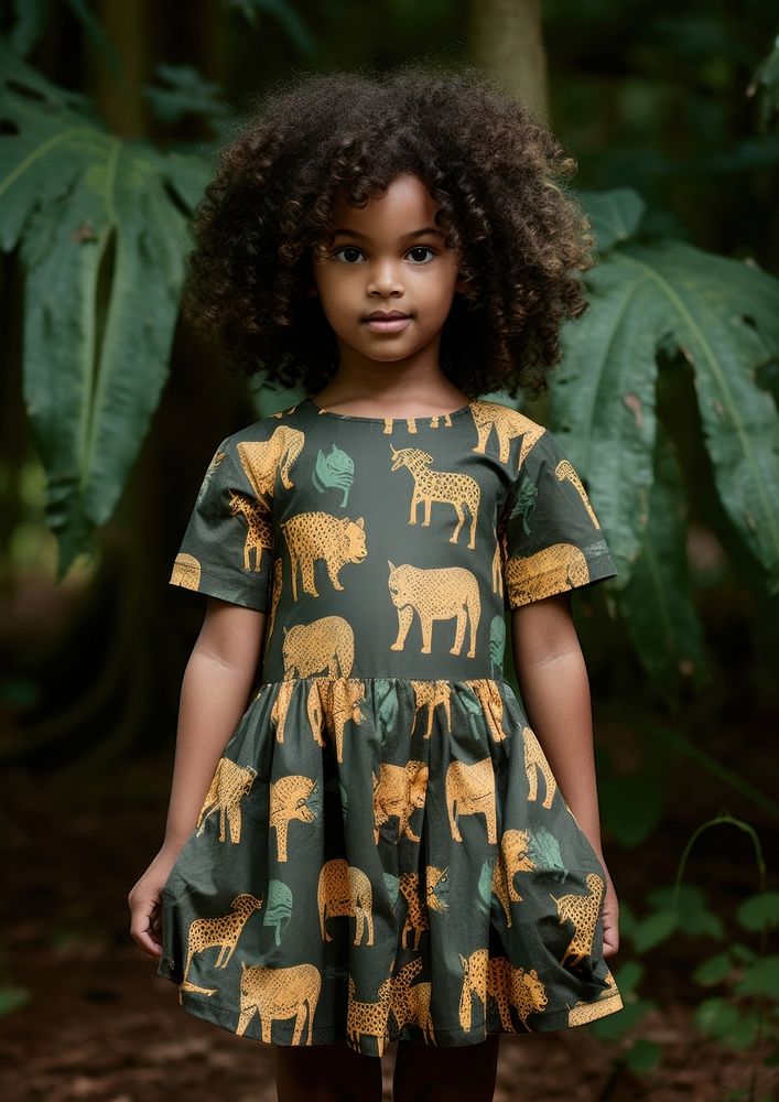A little black girl wearing tiger pattern dress child tree cute. AI generated Image by rawpixel.