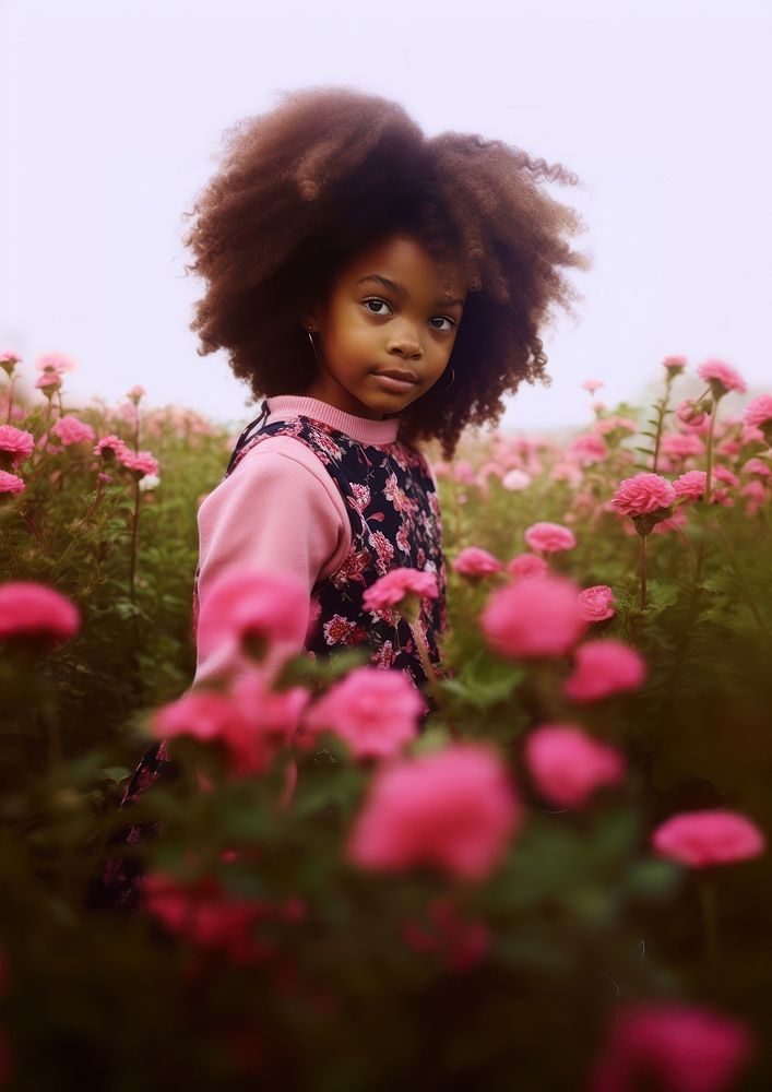 A little black girl in the pink flower garden photography portrait child. AI generated Image by rawpixel.