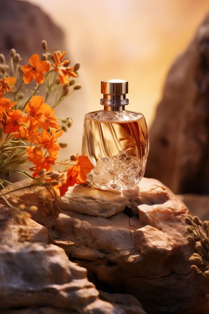 Fragrance bottle perfume flower rock. AI generated Image by rawpixel.
