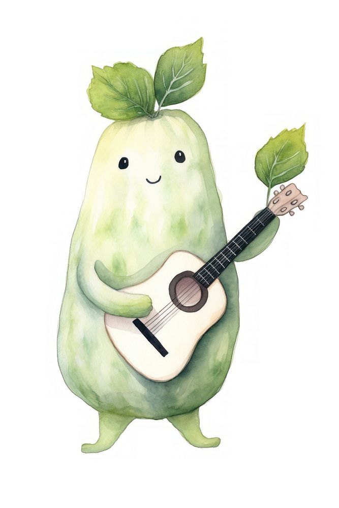 Cucumber dancing guitar white background anthropomorphic. AI generated Image by rawpixel.
