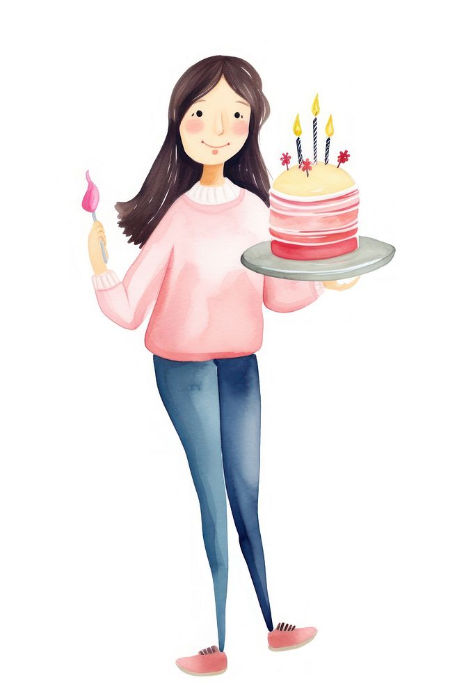 Woman holding small birthday cake dessert food white background. AI generated Image by rawpixel.