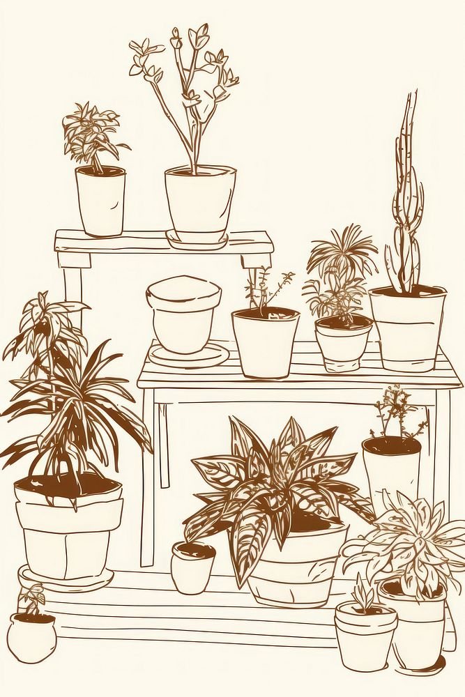 Potted indoor garden drawing sketch plant. AI generated Image by rawpixel.