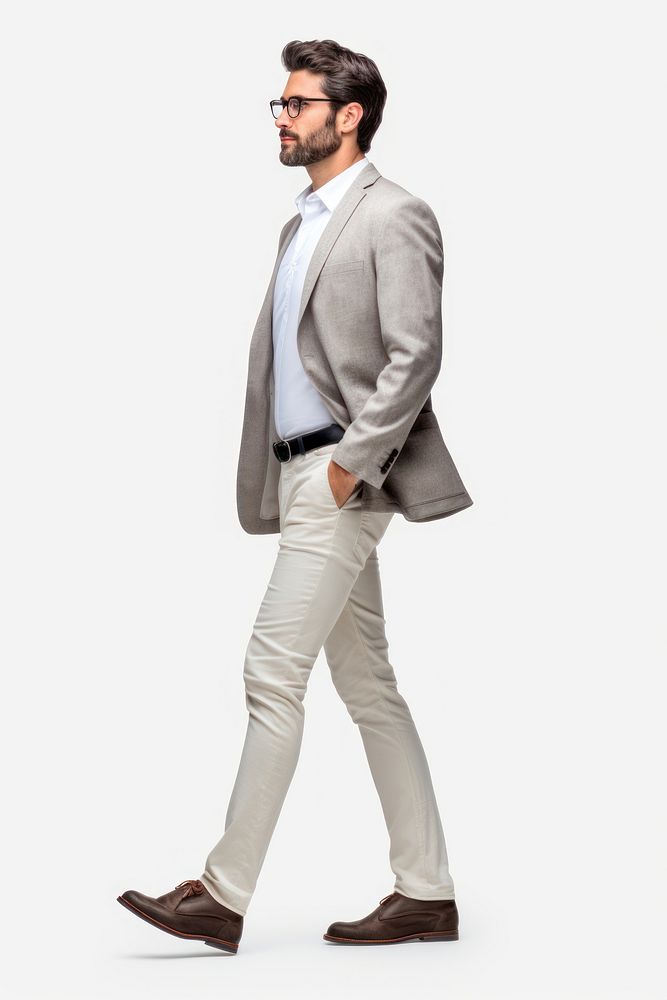 Confident successful smart casual businessman walking with hands in pockets blazer adult white background. AI generated…