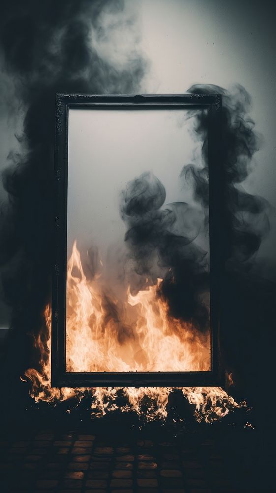 Burning painting frame fireplace architecture destruction. AI generated Image by rawpixel.