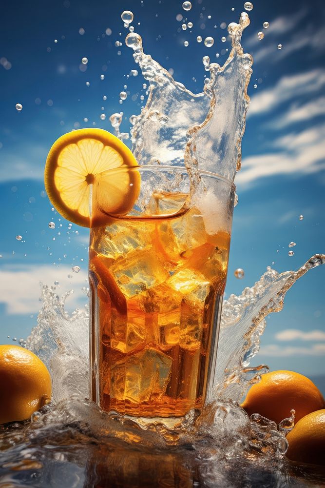 Iced Tea liquid floating cocktail fruit drink. AI generated Image by rawpixel.