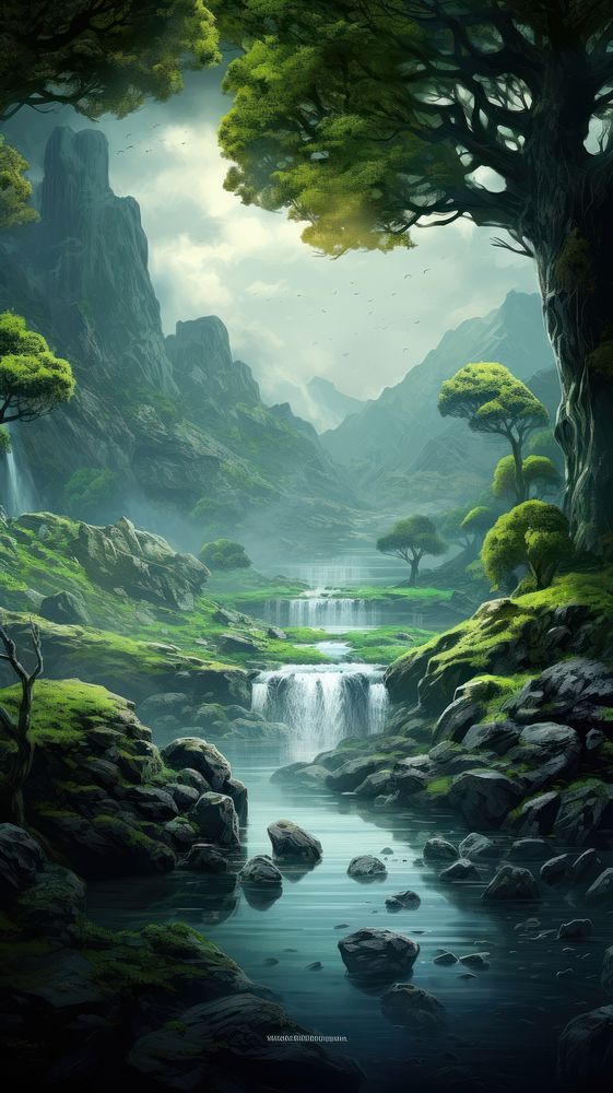 Celtic serene landscape waterfall outdoors. AI generated Image by rawpixel.
