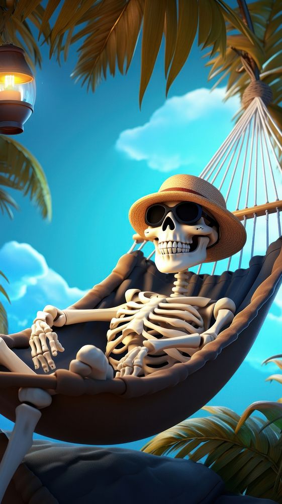 Skeleton cartoon hammock relaxation. AI generated Image by rawpixel.