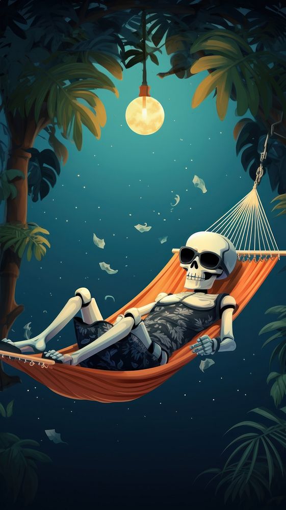 Skeleton hammock outdoors cartoon. AI generated Image by rawpixel.