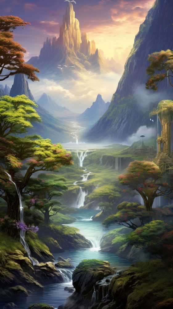 Fantasy landscape wilderness waterfall outdoors. AI generated Image by rawpixel.