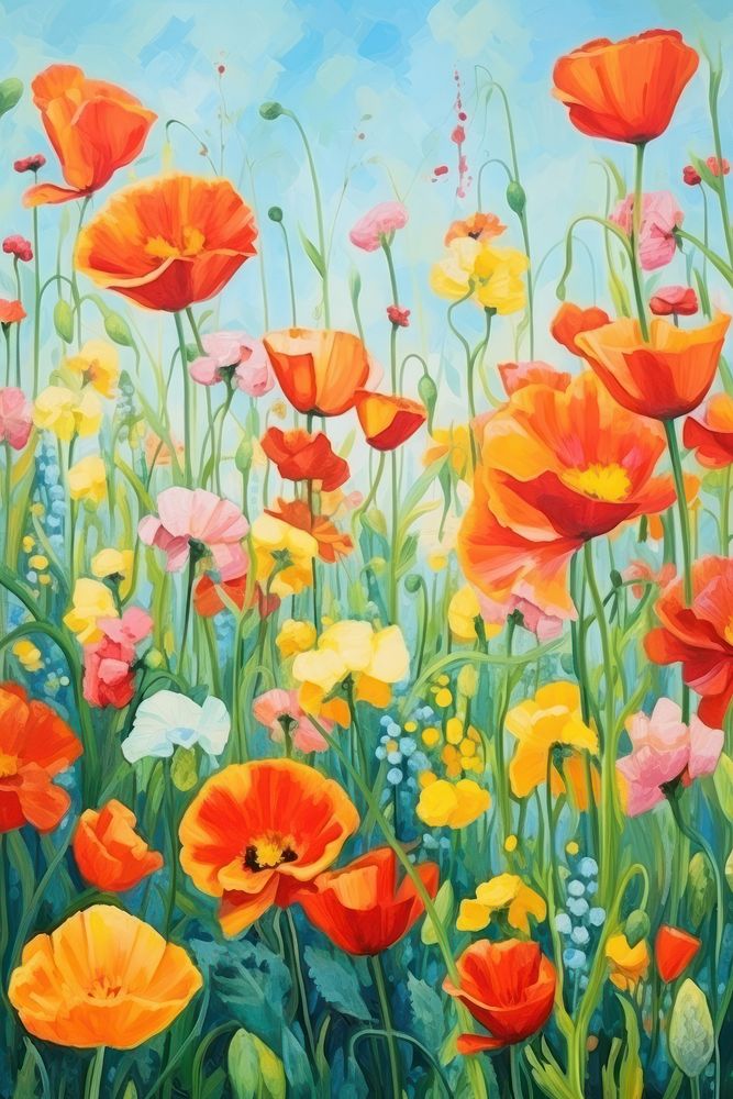 Flower ornament tulips field painting backgrounds outdoors. AI generated Image by rawpixel.