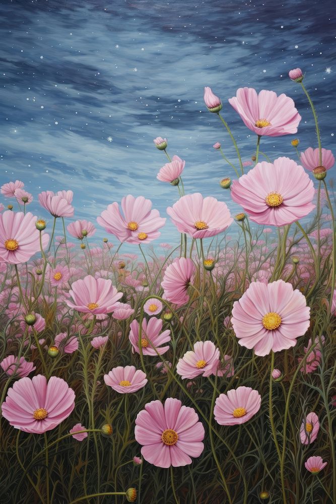 Cosmos field flower outdoors painting. AI generated Image by rawpixel.