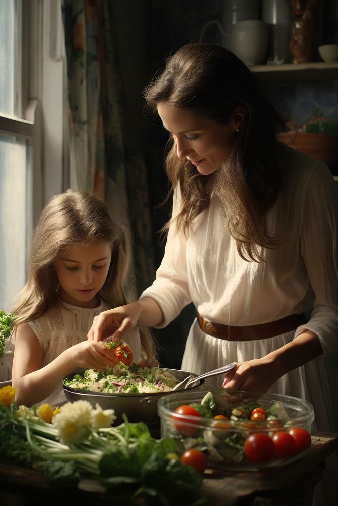 Mother and daughter making salad in the kitchen adult child food. AI generated Image by rawpixel.