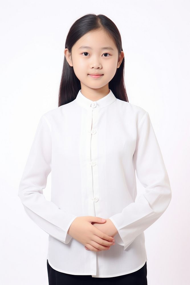 Asian girl dresses blank white mandarin collar shirt sleeve blouse white background. AI generated Image by rawpixel.