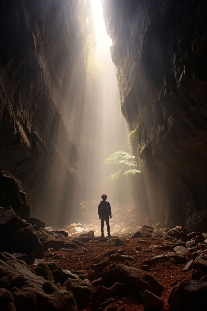 Person standing in front of a cave nature adventure sunlight. AI generated Image by rawpixel.