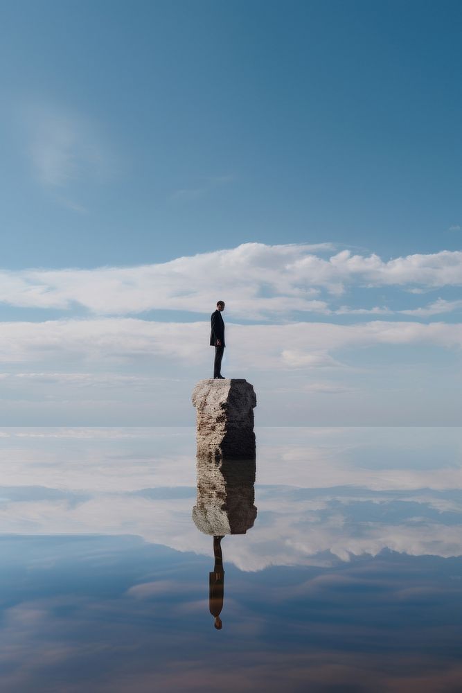 Man is standing on a reflective sea adventure outdoors horizon. AI generated Image by rawpixel.