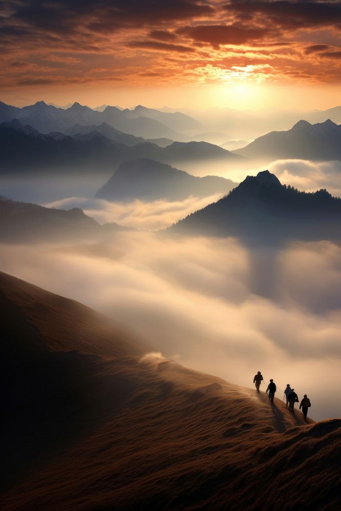 Group of hikers mountain landscape adventure. AI generated Image by rawpixel.