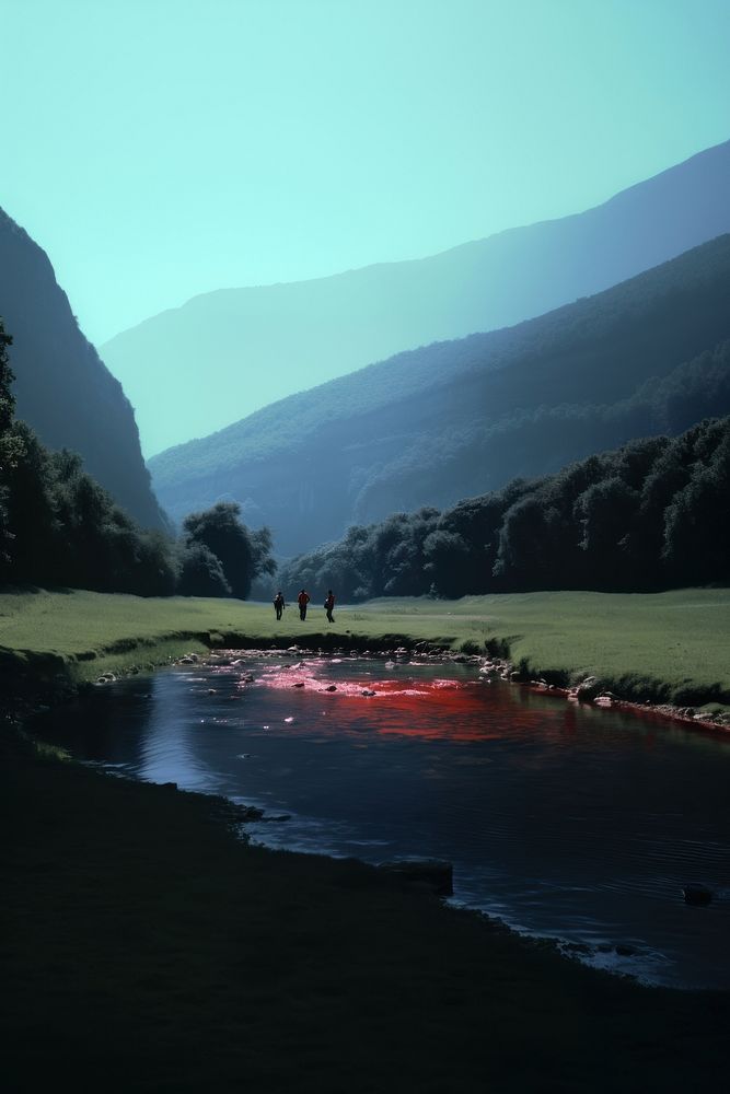 People crossing the water of river mountain landscape outdoors. AI generated Image by rawpixel.