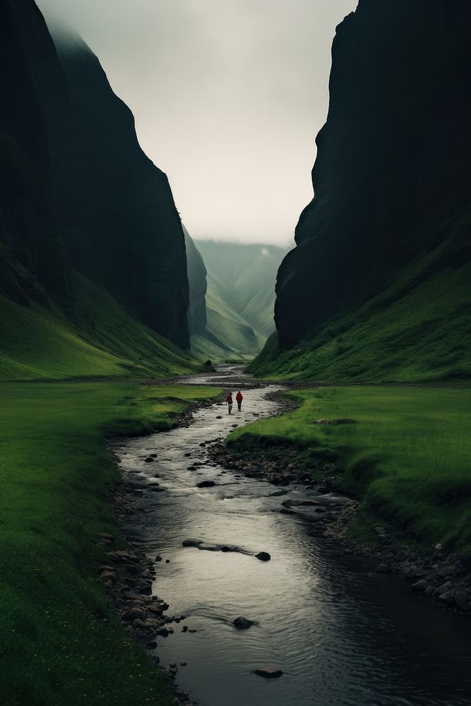 Hikers walking through the small river near mountains green photography landscape. AI generated Image by rawpixel.