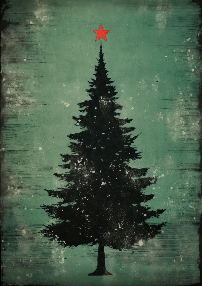 Silkscreen of a christmas tree plant fir red. AI generated Image by rawpixel.