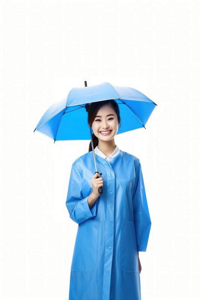 Happy smile asian woman wearing a patient outfit with an blue umbrella raincoat white background mortarboard. AI generated…