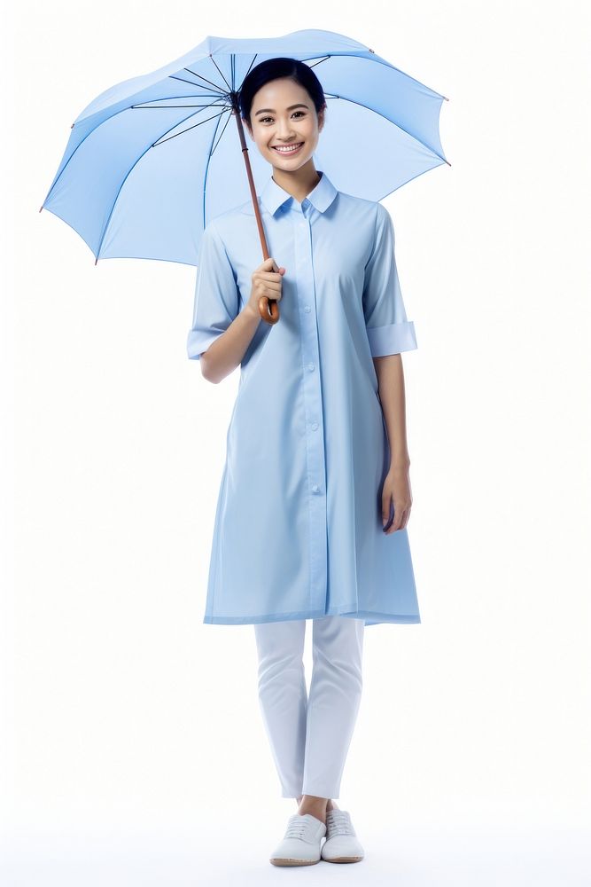 Happy smile asian woman wearing a patient outfit with an blue umbrella coat white background protection. AI generated Image…