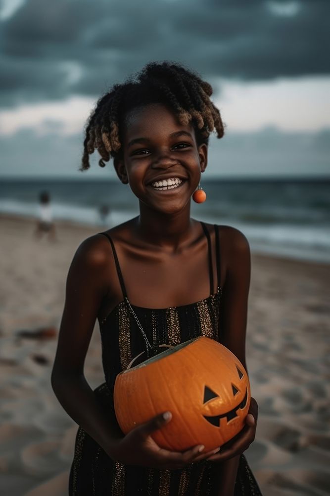 Young African girl halloween vacation beach. AI generated Image by rawpixel.