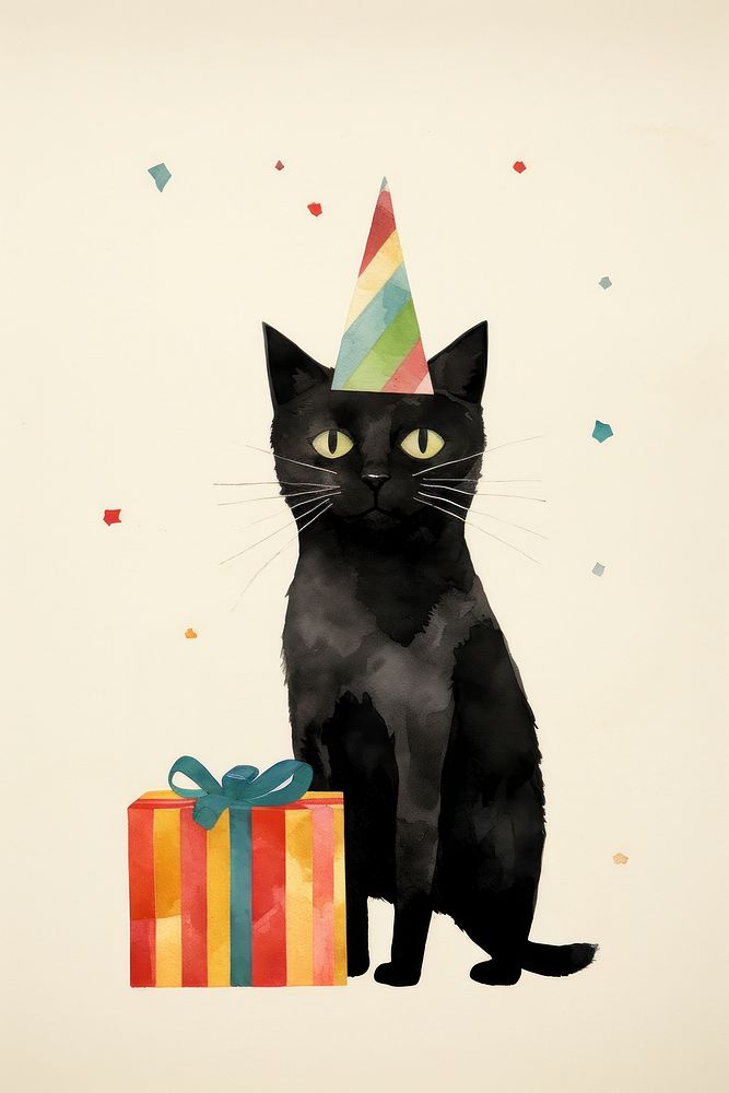 A happy black cat holding a giftbox drawing mammal animal. AI generated Image by rawpixel.
