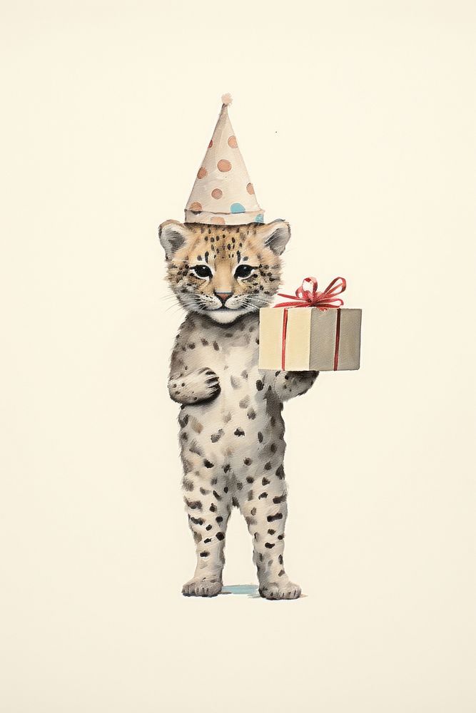 A happy Cheetah wearing party hat holding a giftbox drawing mammal animal. AI generated Image by rawpixel.