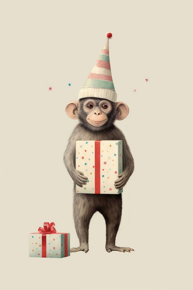 A happy Chinese Monkey holding a giftbox monkey mammal animal. AI generated Image by rawpixel.