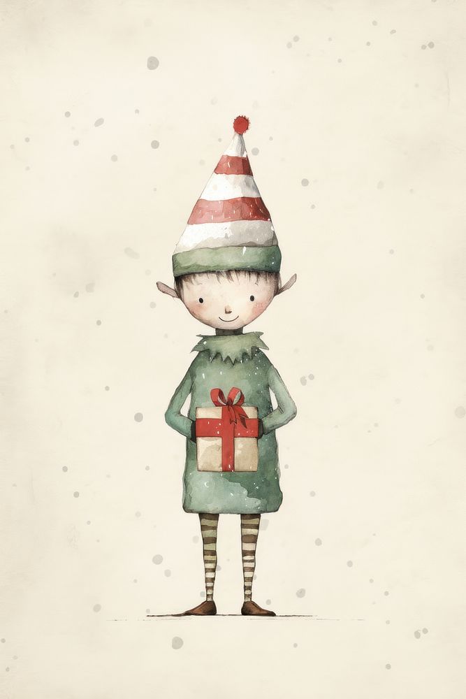 A happy elf holding a giftbox drawing winter art. AI generated Image by rawpixel.