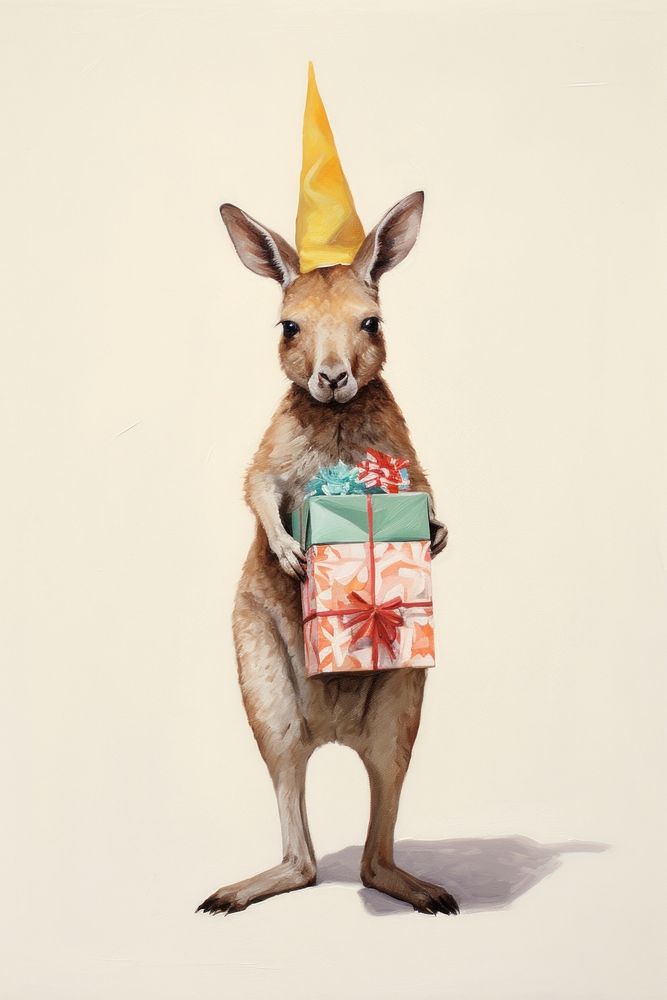 A happy Kangaroo holding a giftbox kangaroo wallaby drawing. AI generated Image by rawpixel.