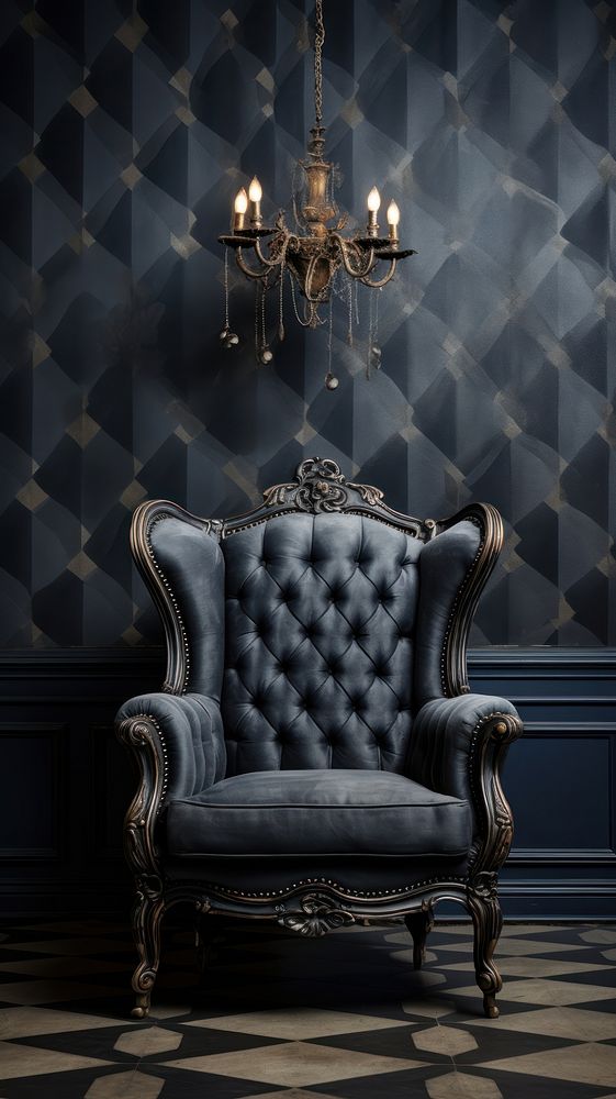Navy and silver houndtooth chandelier wallpaper furniture. AI generated Image by rawpixel.