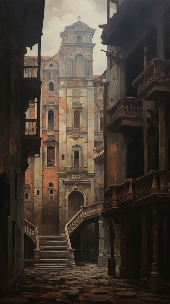Italian building architecture staircase painting. AI generated Image by rawpixel.