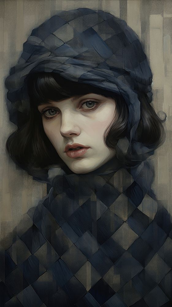 Navy and silver houndtooth portrait painting fashion. AI generated Image by rawpixel.