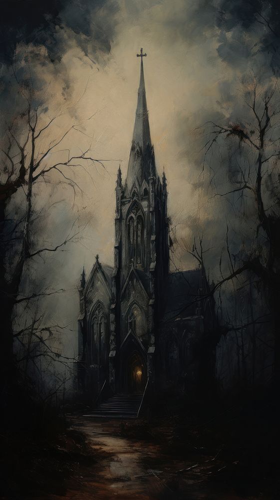 Gothic church painting architecture building. AI generated Image by rawpixel.